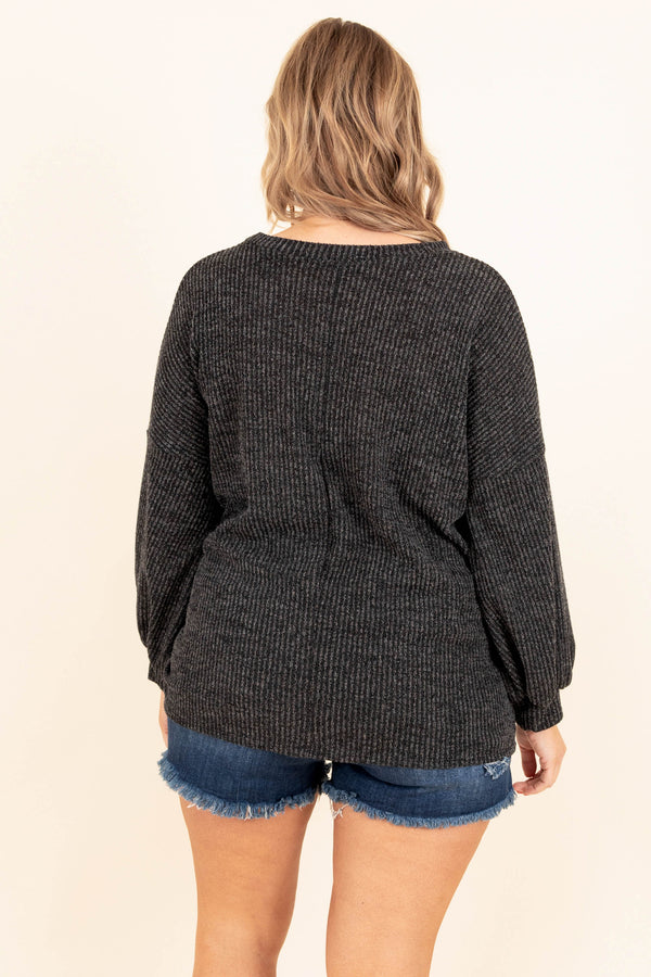 Chic Soul plus size clothing, charcoal textured top with bubble sleeves
