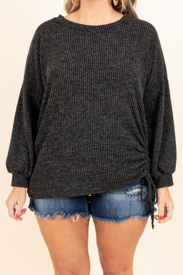 Chic Soul plus size clothing, charcoal textured top with bubble sleeves