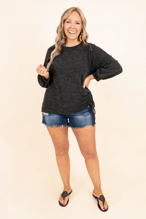 Chic Soul plus size clothing, charcoal textured top with bubble sleeves