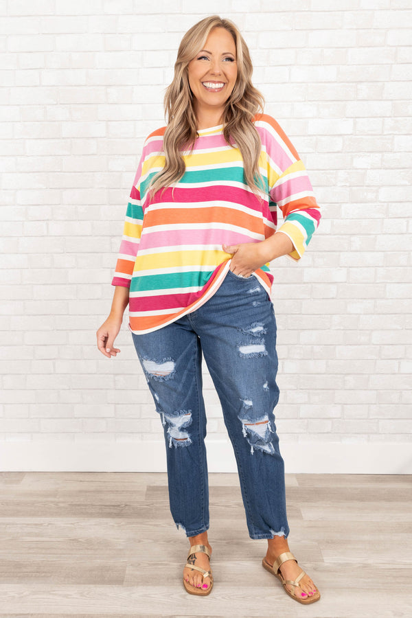 Chic Soul plus size clothing, multicolor striped top with quarter length sleeves