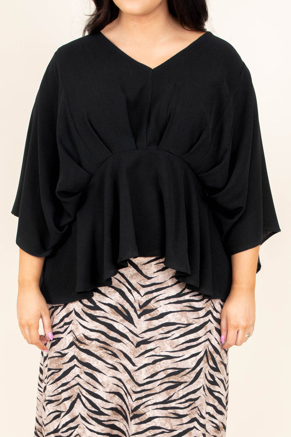 Chic Soul plus size clothing, black solid half three quarter length sleeve babydoll blouse top