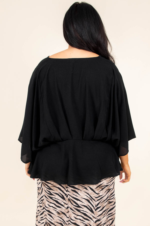 Chic Soul plus size clothing, black solid half three quarter length sleeve babydoll blouse top