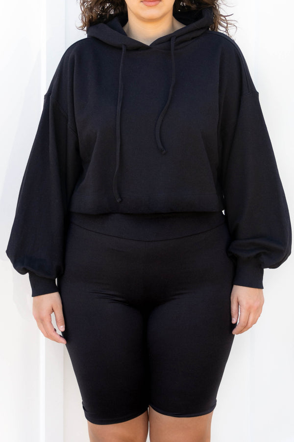 Chic Soul plus size clothing, black crop long bubble sleeve hoodie
