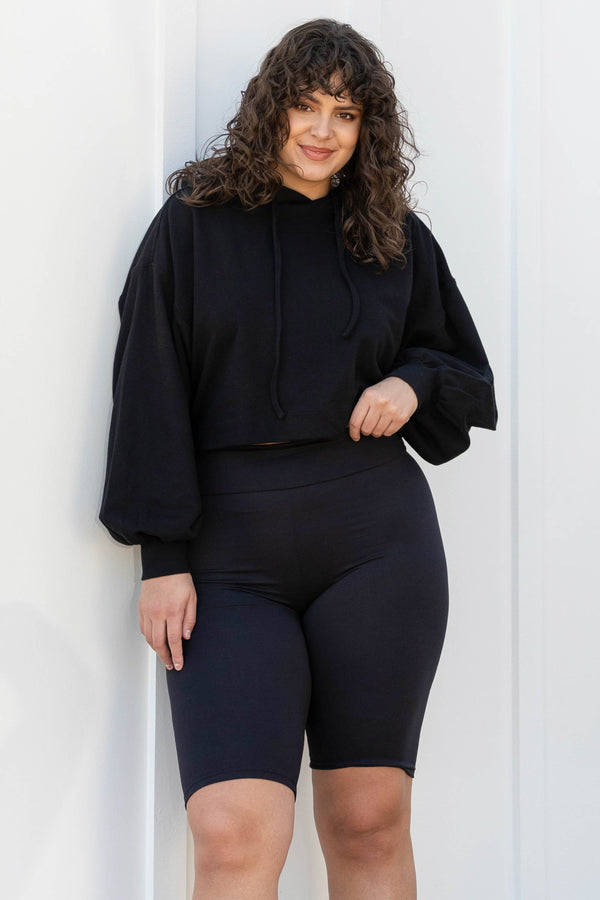 Chic Soul plus size clothing, black crop long bubble sleeve hoodie