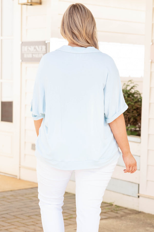 Chic Soul plus size clothing, light blue collar neck short cuffed sleeves shirt