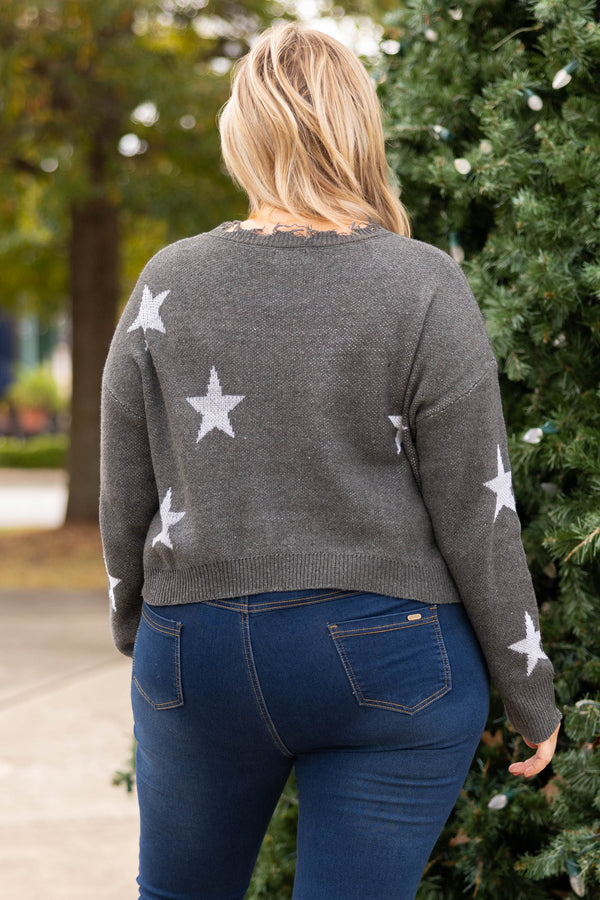 Chic Soul plus size clothing, gray with white stars button up cardigan top