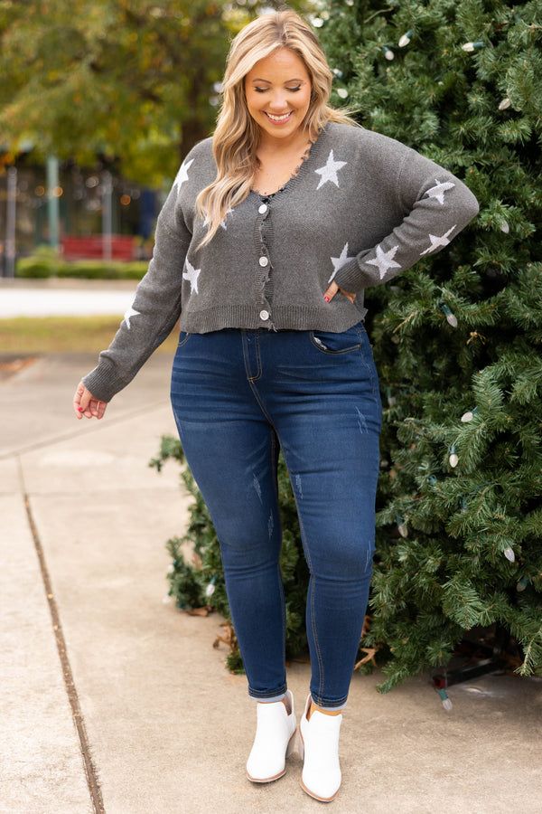 Chic Soul plus size clothing, gray with white stars button up cardigan top