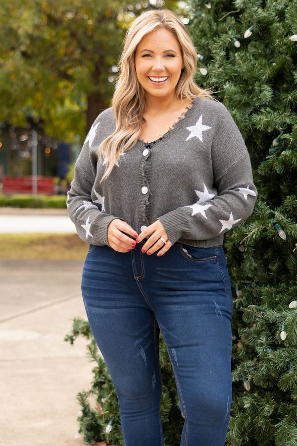 Chic Soul plus size clothing, gray with white stars button up cardigan top