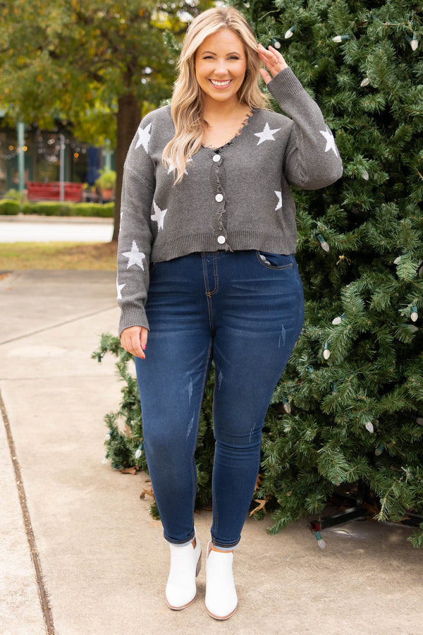 Chic Soul plus size clothing, gray with white stars button up cardigan top