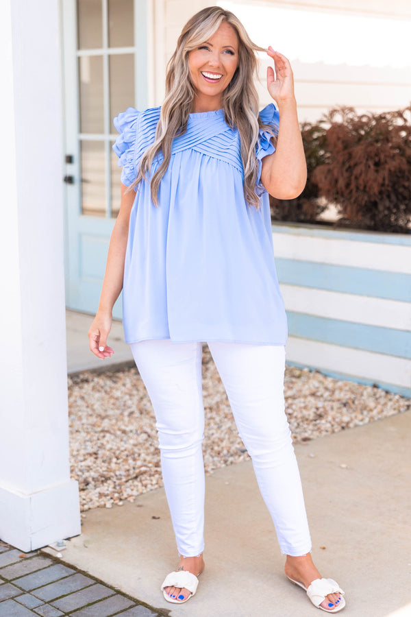 Chic Soul plus size clothing, light blue top with ruffle sleeves and criss cross neckline design