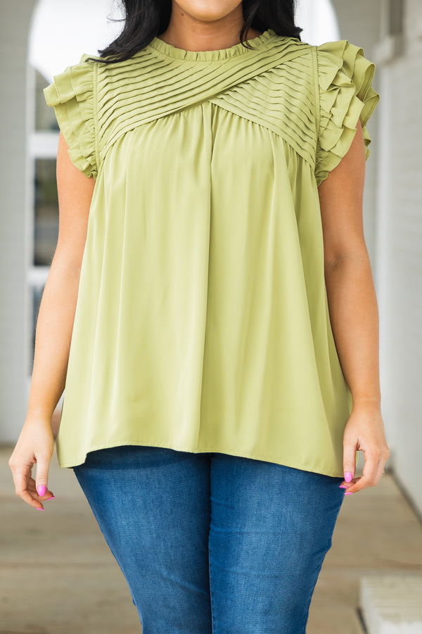 Chic Soul plus size clothing, pistachio flow top with criss cross design on neckline and ruffle sleeves