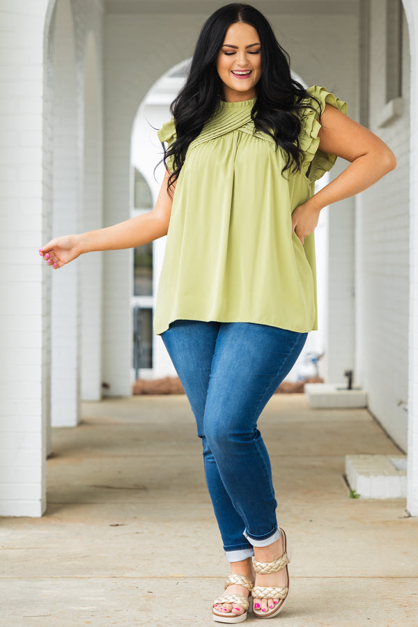 Chic Soul plus size clothing, pistachio flow top with criss cross design on neckline and ruffle sleeves