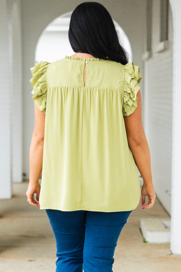 Chic Soul plus size clothing, pistachio flow top with criss cross design on neckline and ruffle sleeves