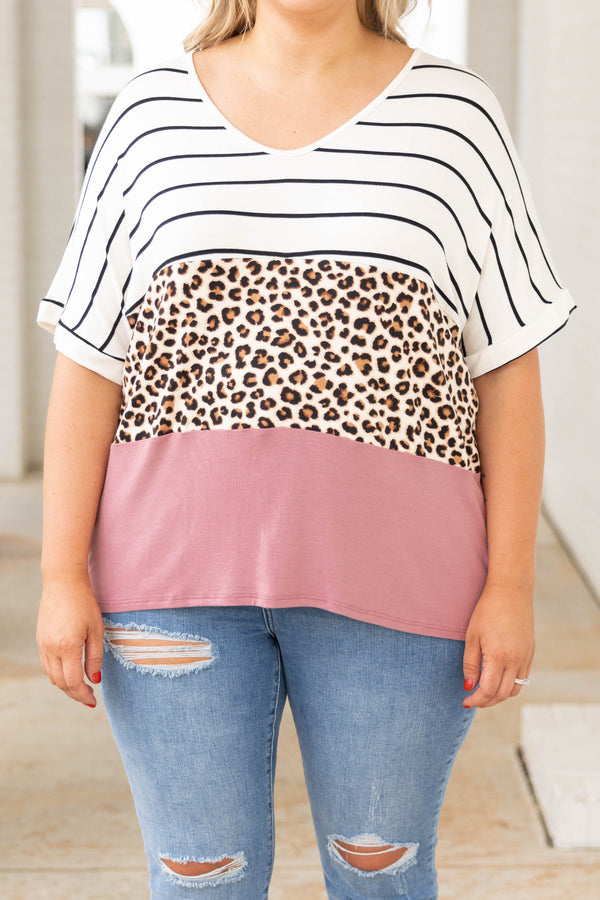Chic Soul plus size clothing, white taupe blush color block cheetah print and stripped short sleeve casual top
