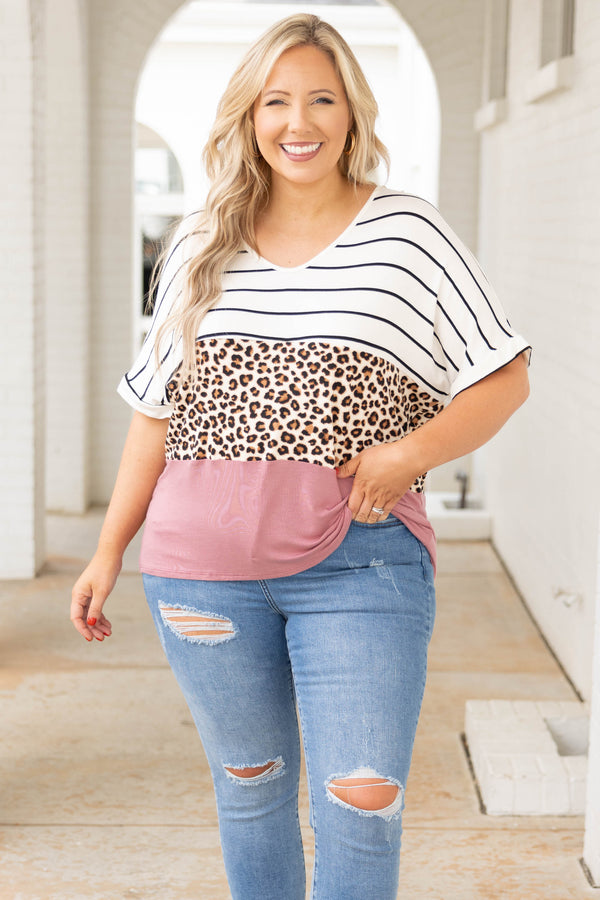 Chic Soul plus size clothing, white taupe blush color block cheetah print and stripped short sleeve casual top