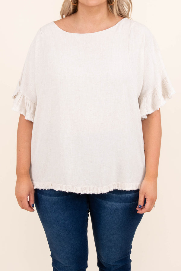 Chic Soul plus size clothing, oatmeal short ruffle sleeve top with floral design on back and distressed hems
