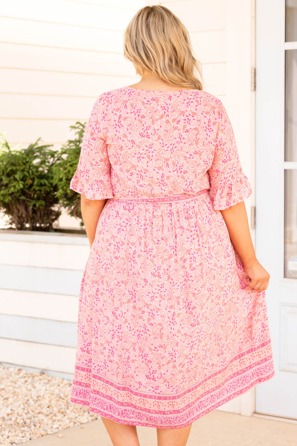 Chic Soul plus size clothing, pink floral button mid dress