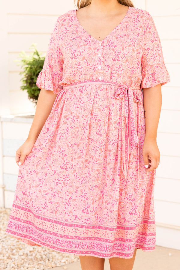 Chic Soul plus size clothing, pink floral button mid dress