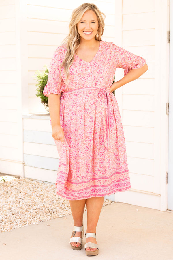 Chic Soul plus size clothing, pink floral button mid dress