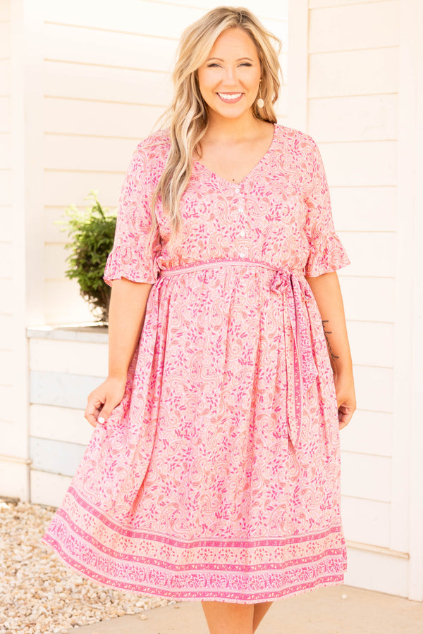 Chic Soul plus size clothing, pink floral button mid dress