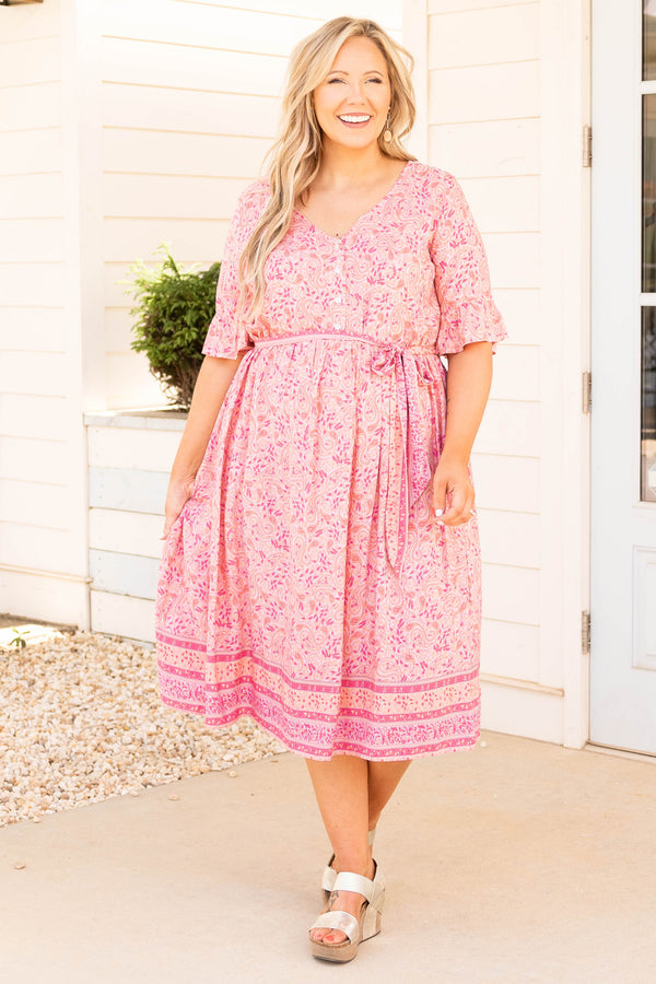 Chic Soul plus size clothing, pink floral button mid dress