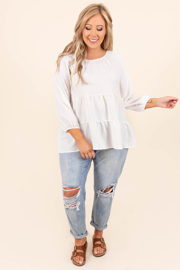 Chic Soul plus size clothing, ivory white scoop neck 3/4 length bubble sleeve babydoll top