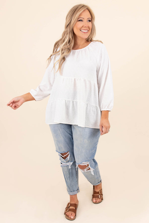 Chic Soul plus size clothing, ivory white scoop neck 3/4 length bubble sleeve babydoll top