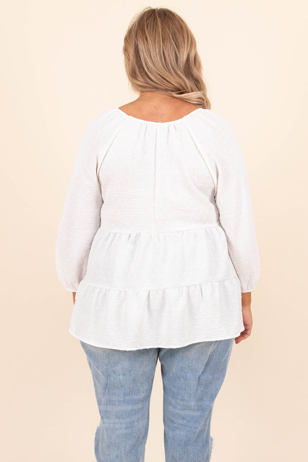 Chic Soul plus size clothing, ivory white scoop neck 3/4 length bubble sleeve babydoll top
