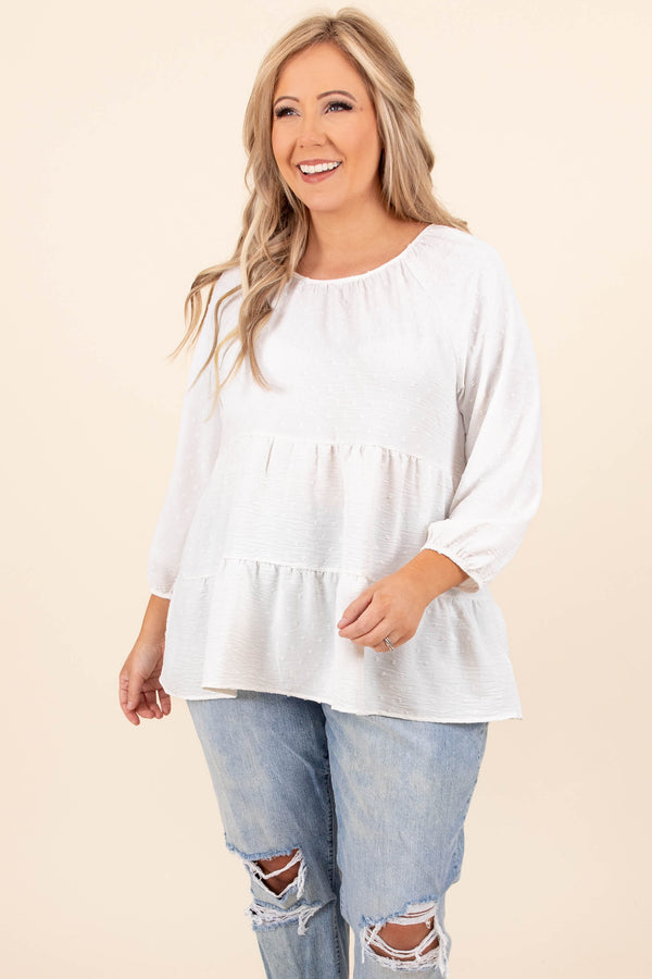 Chic Soul plus size clothing, ivory white scoop neck 3/4 length bubble sleeve babydoll top