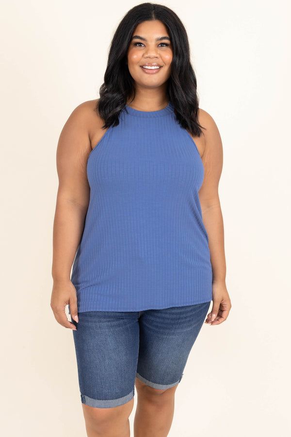 Chic Soul plus size clothing, denim blue solid halter sleeves tank top shirt