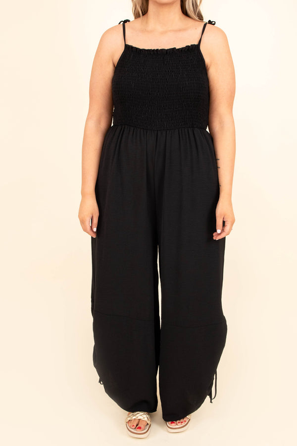 Chic Soul plus size clothing, black smocked bodice jumpsuit