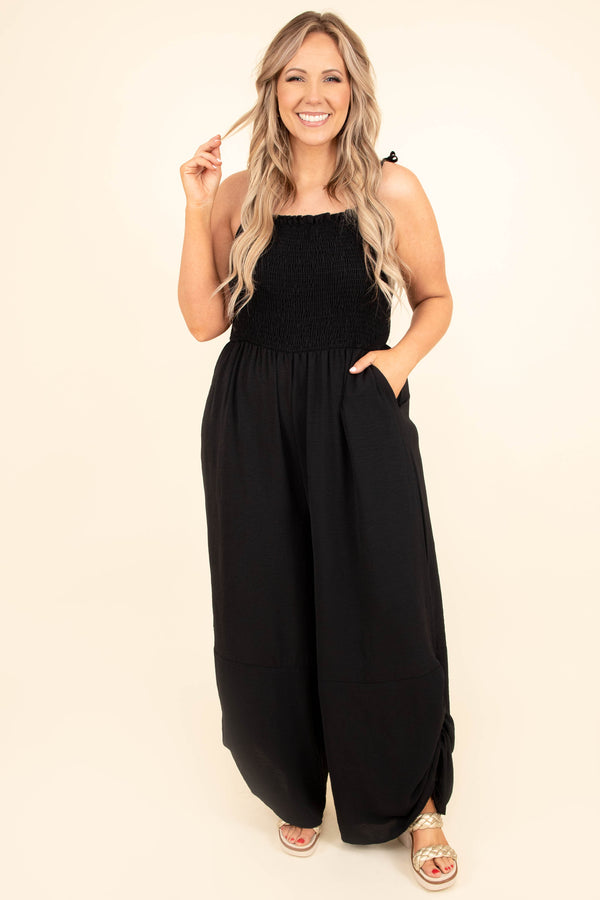 Chic Soul plus size clothing, black smocked bodice jumpsuit