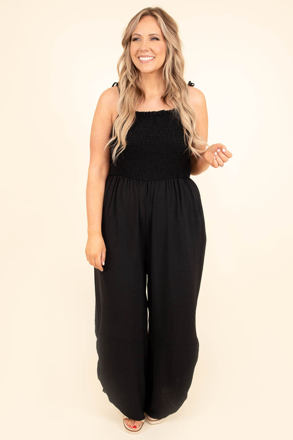 Chic Soul plus size clothing, black smocked bodice jumpsuit