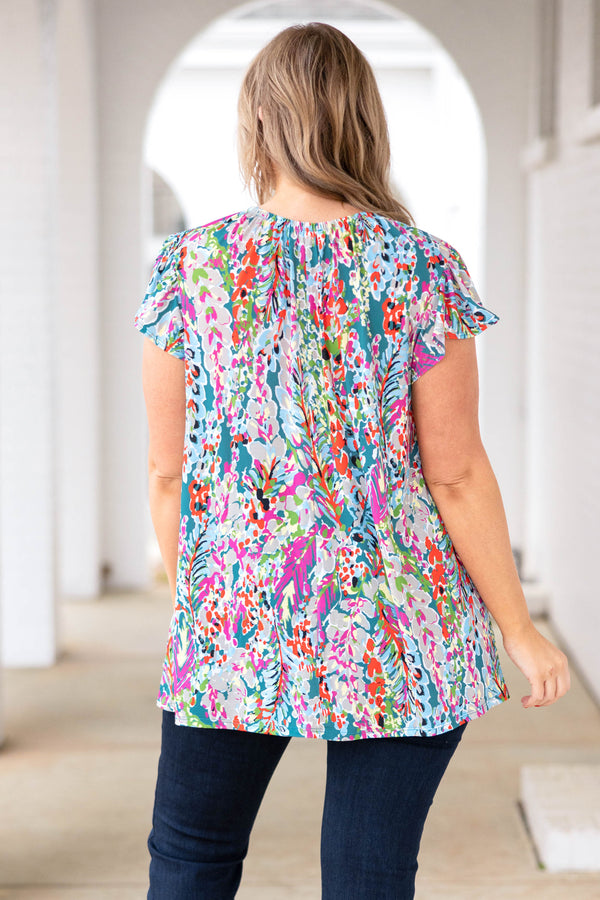 Chic Soul plus size clothing, aqua top with multicolor floral pattern and flutter sleeves