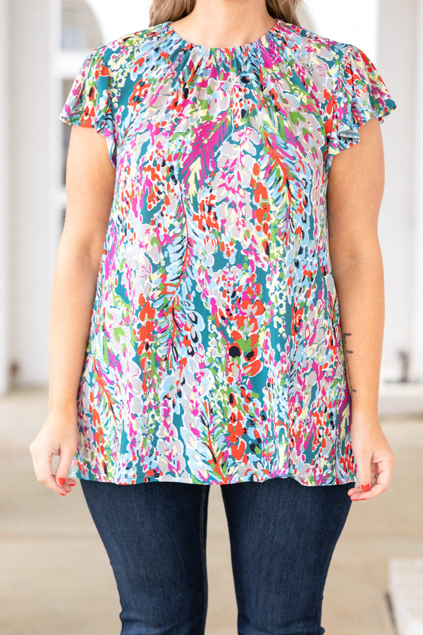 Chic Soul plus size clothing, aqua top with multicolor floral pattern and flutter sleeves