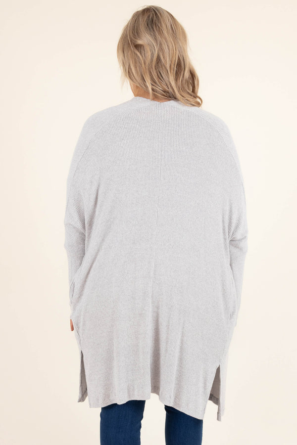 Plus Size heather grey open-front ribbed cardigan with long sleeves and a relaxed fit.