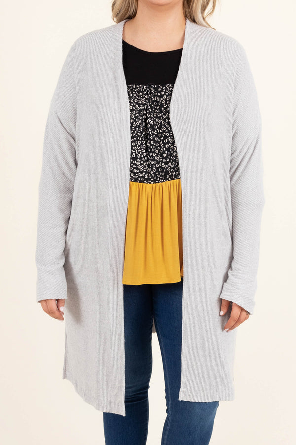 Plus Size heather grey open-front ribbed cardigan with long sleeves and a relaxed fit.