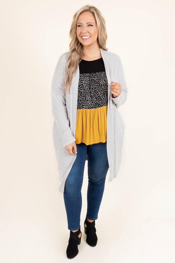Plus Size heather grey open-front ribbed cardigan with long sleeves and a relaxed fit.