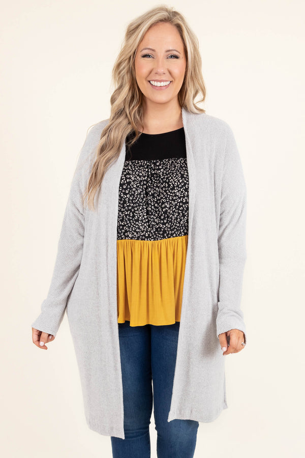 Plus Size heather grey open-front ribbed cardigan with long sleeves and a relaxed fit.