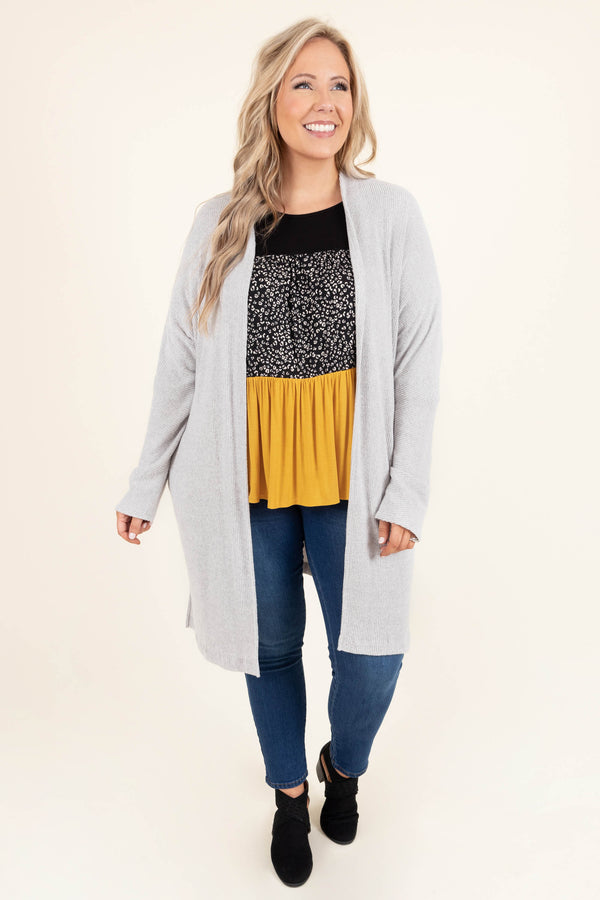Plus Size heather grey open-front ribbed cardigan with long sleeves and a relaxed fit.