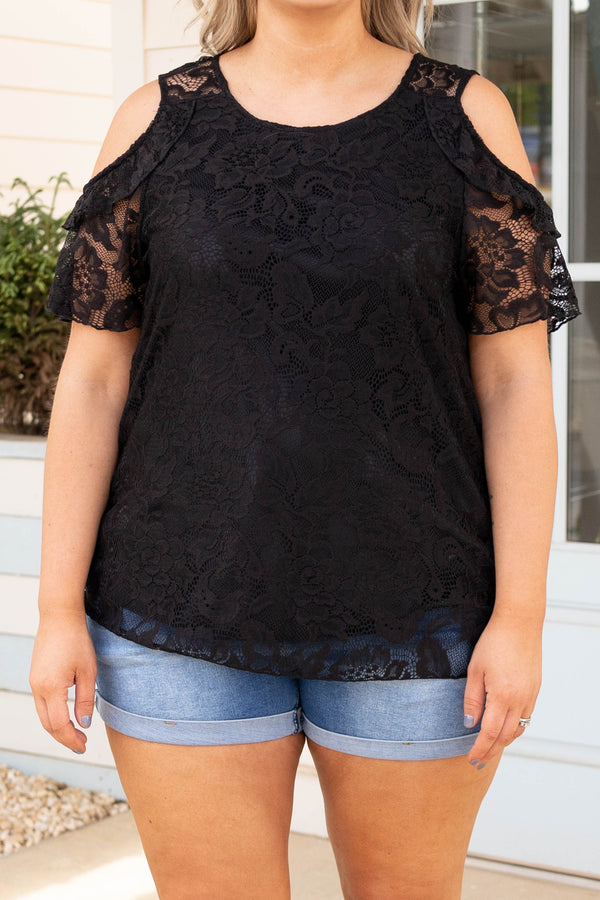 Chic Soul plus size clothing, black lace top with cold shoulder details on sleeves