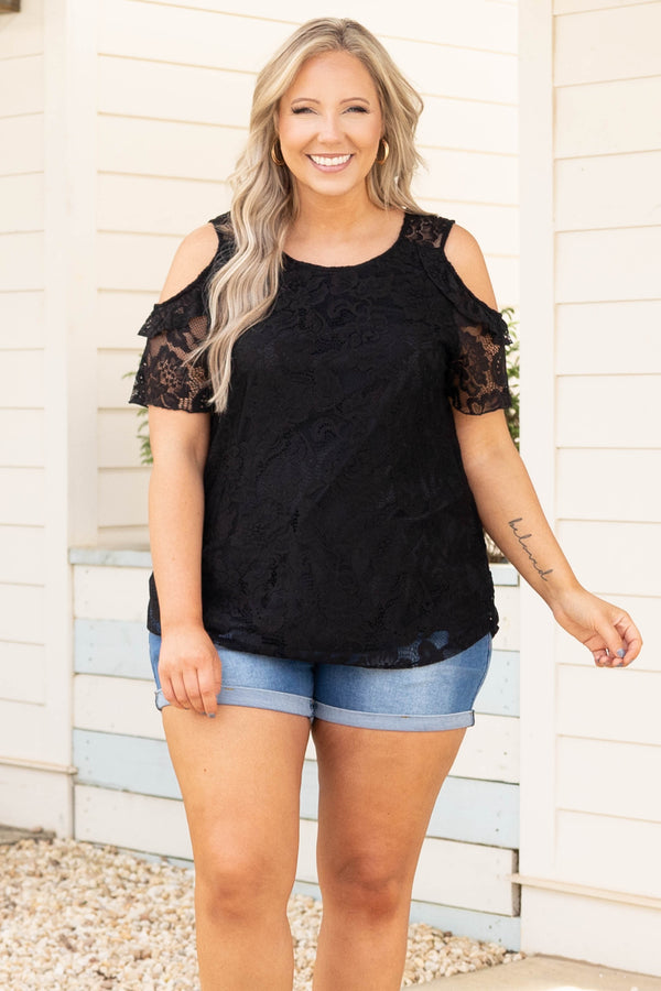Chic Soul plus size clothing, black lace top with cold shoulder details on sleeves