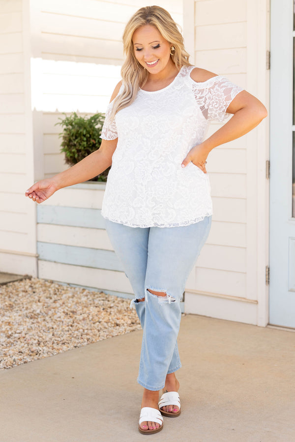 Chic Soul plus size clothing, ivory white floral lace short cold shoulder sleeves casual top