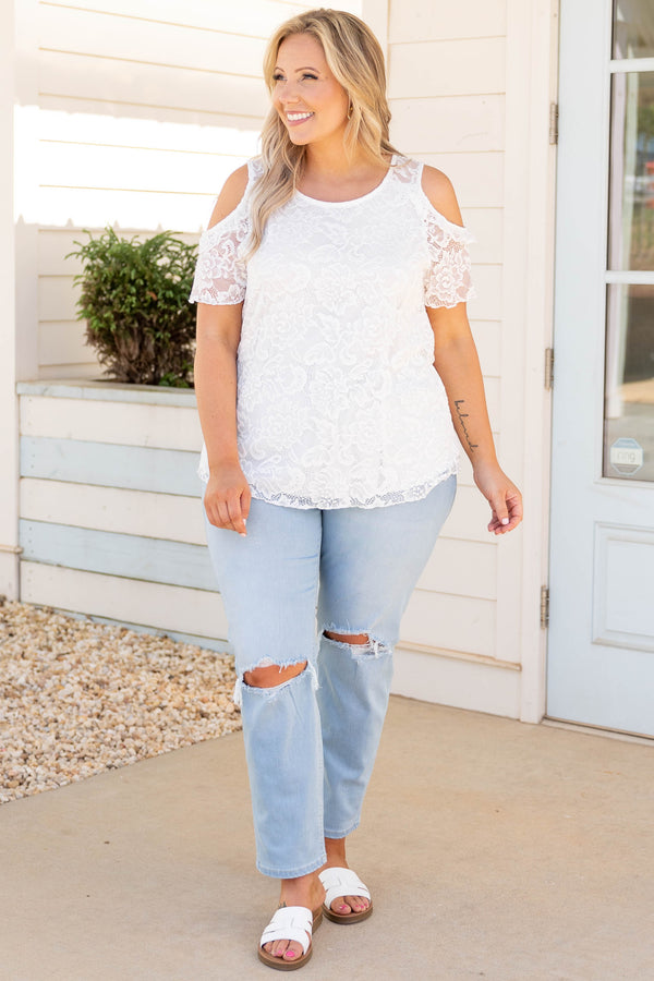 Chic Soul plus size clothing, ivory white floral lace short cold shoulder sleeves casual top