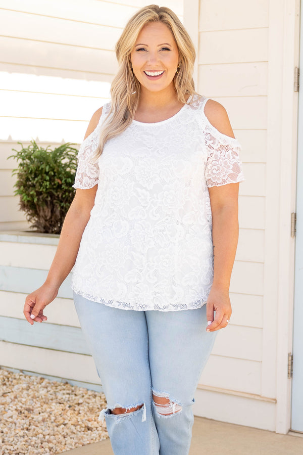 Chic Soul plus size clothing, ivory white floral lace short cold shoulder sleeves casual top
