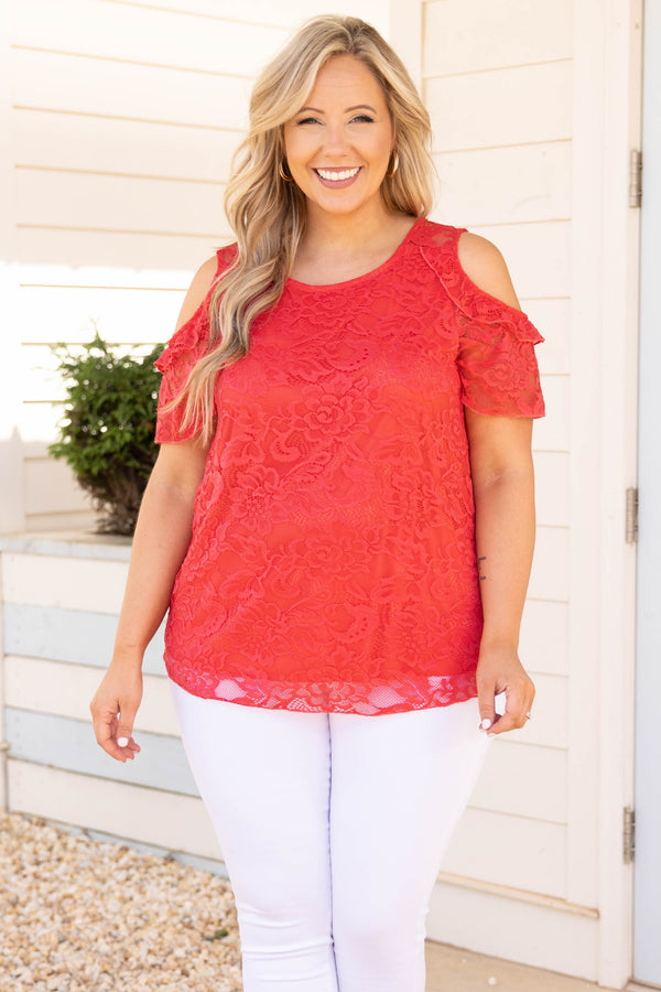 Chic Soul plus size clothing, strawberry red floral lace cold shoulder top