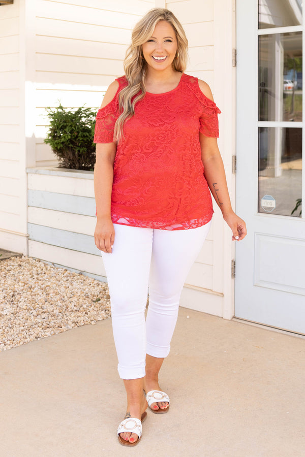 Chic Soul plus size clothing, strawberry red floral lace cold shoulder top