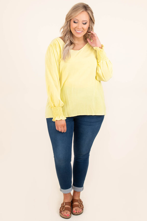 Chic Soul plus size clothing, solid yellow long bubble sleeve casual top