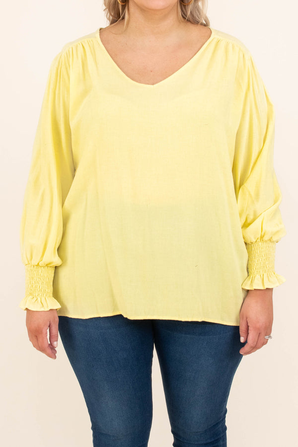 Chic Soul plus size clothing, solid yellow long bubble sleeve casual top