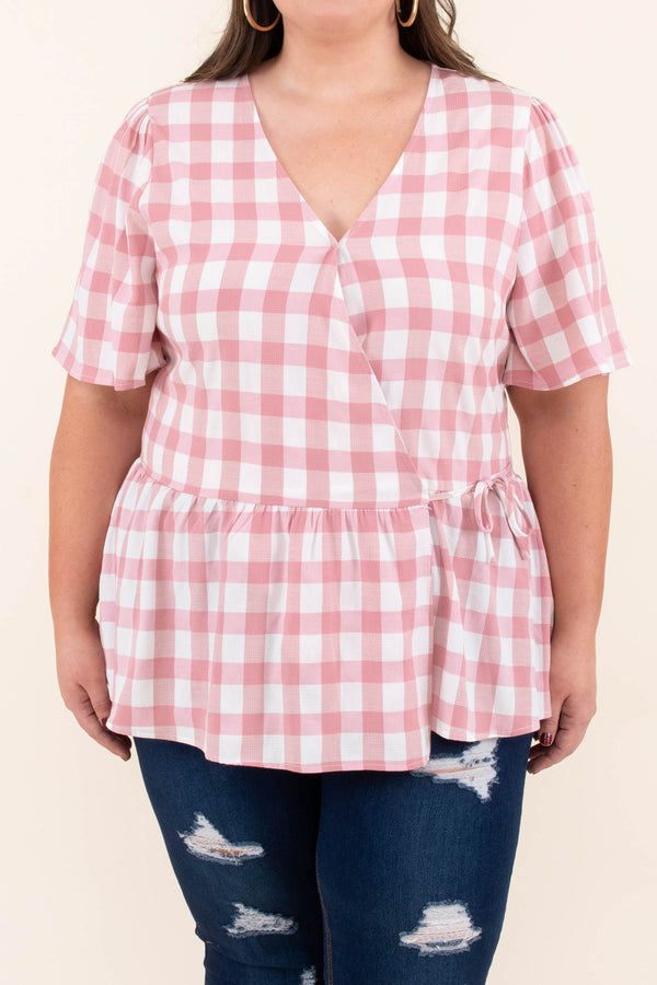 Chic Soul plus size clothing, half sleeve v neck with a pink and white plaid design and a tie at the waist